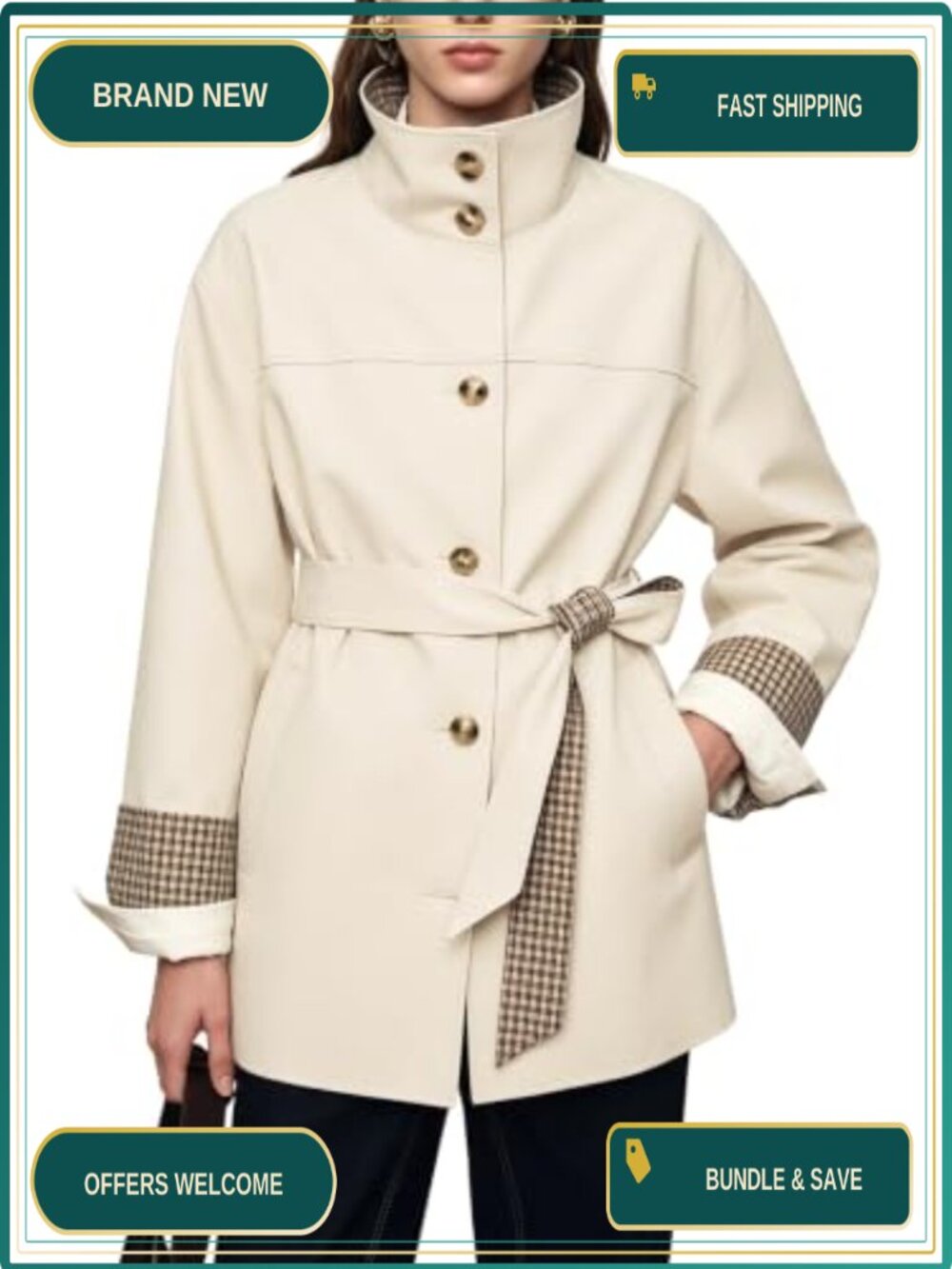 Women's Belted Trench Coat Plaid Trim Button Down Casual Jacket